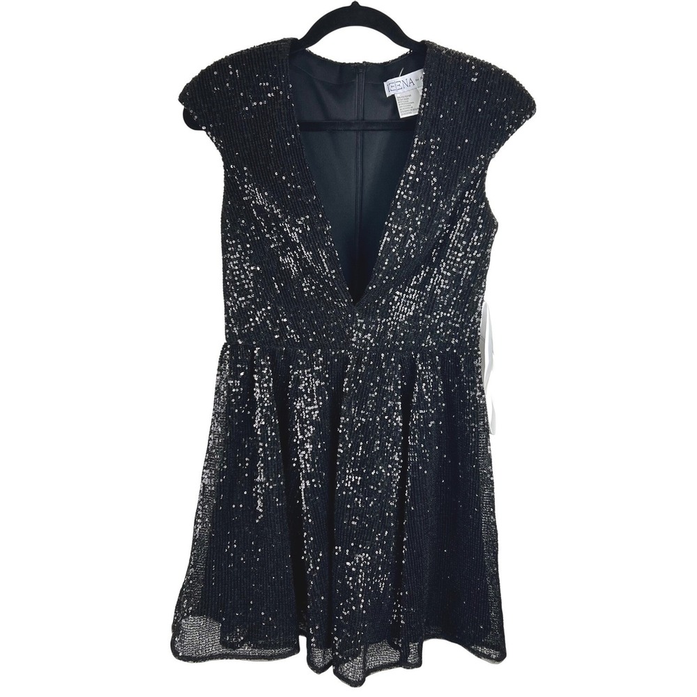 Ieena for Mac Duggal Sequin Mini Dress Deep V Black 26306 Size 2 - Picture 13 of 16